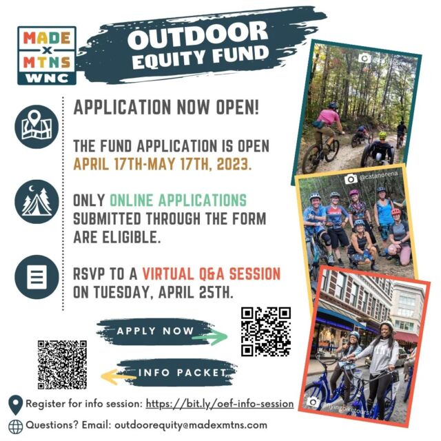 The Outdoor Equity Fund Application is now open through May 17th!

Head to the links in our bio to access the Application directly and register for the virtual info session on April 25th. This will be the best opportunity to get all your questions answered in one go!

All information including links to the Application form, Q&A packet, Info Session RSVP, and Eligibility Criteria is available at madexmtns.com/outdoor-equity-fund.

If you have any questions, please reach out to our Outdoor Equity Working Group and MADE X MTNS staff directly at outdoorequity@madexmtns.com.

#madexmtns #outdoorequityfund #wnc #equityintheoutdoors #outdooreconomy #wncoutdoors #ncoutdoors #ncoutdoorrec #outdoorrecreation #funding #opprtunity #outdoors #outside #equity
