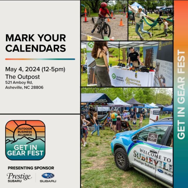 We are beyond excited about this year’s Get In Gear Fest!  It’s one of our most favorite events of the year! 

Be sure to mark your calendar to join in the fun! 

@outdoor_business_alliance 

#madexmtns #wncoutdoorgearbuilders #outdoorbusinessalliance #buildingoutdoorcommunities #outdooreconomy #gigfest